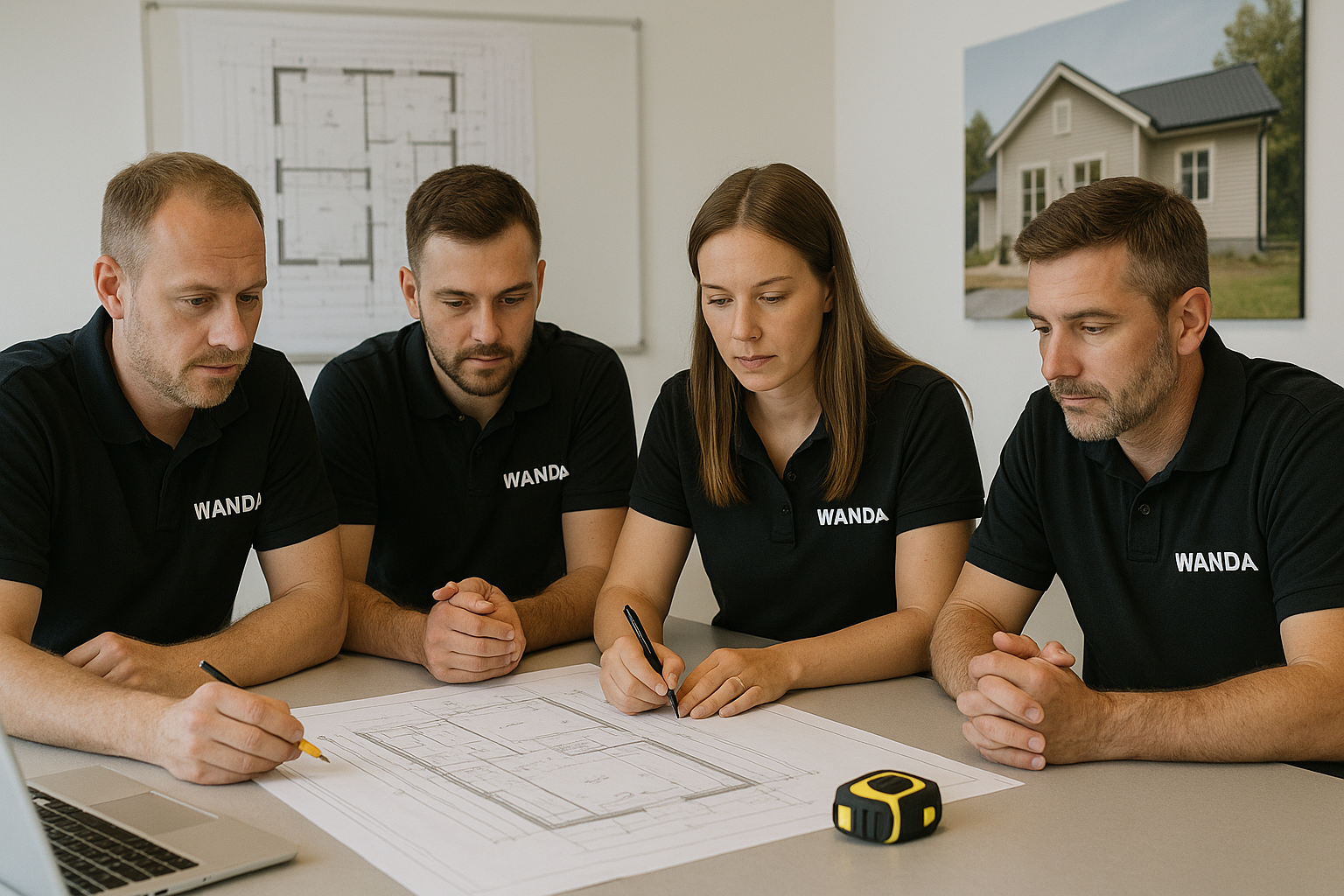 A team of professionals from Wanda Service planning a project.